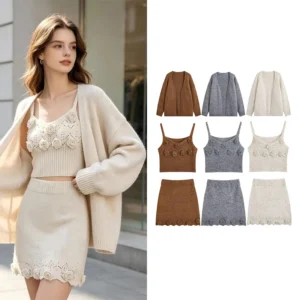 Ensemble 3 pieces tricote fleurs 3D