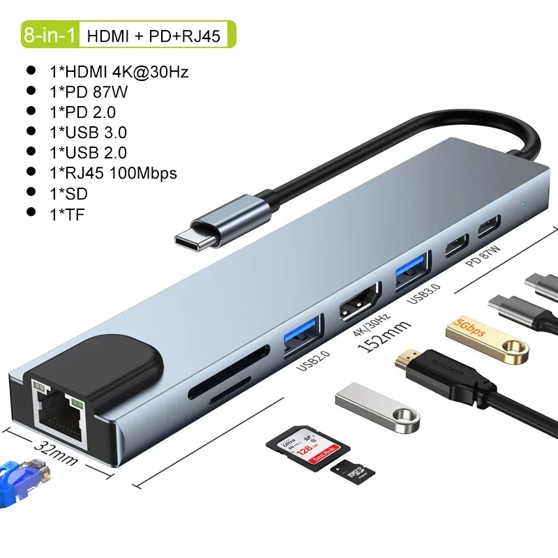 Hub USB-C 8-en-1 adaptateur HDMI 4K RJ45 2 S5814bf47628f403ba4bc9fec9009426ar