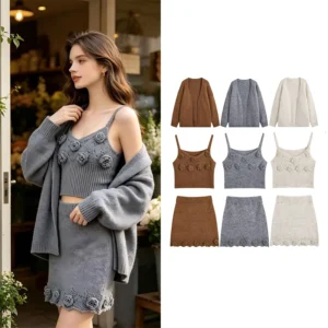 Ensemble 3 pieces tricote floral cardigan jupe