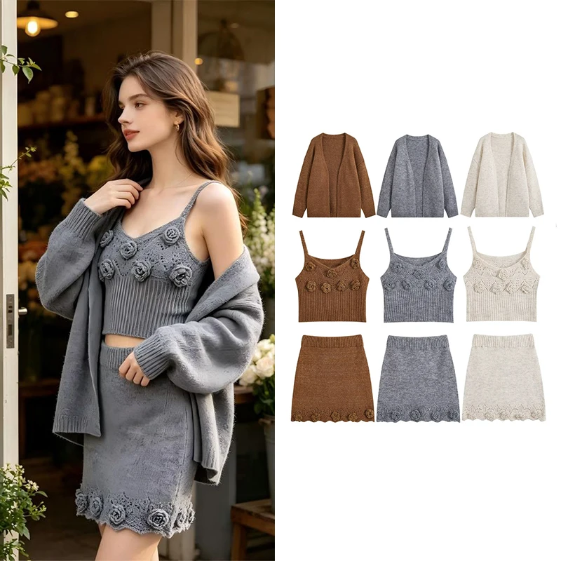Ensemble 3 pieces tricote floral cardigan jupe 3 Ensemble 3 pieces tricote floral cardigan jupe