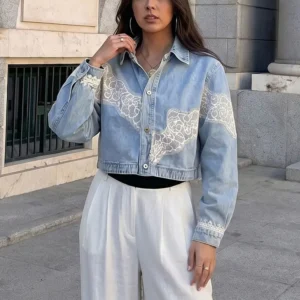Veste jean dentelle florale oversize